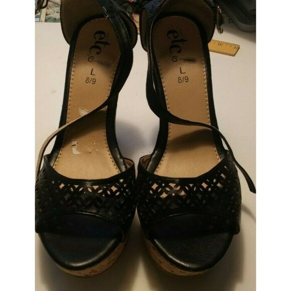Rue 21 etc ! women size 8/9  black wedge heel open toe strappy sandals - Picture 1 of 5